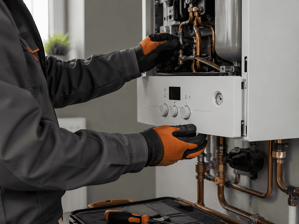 Technician repairing boiler in Derby for heating and plumbing services.