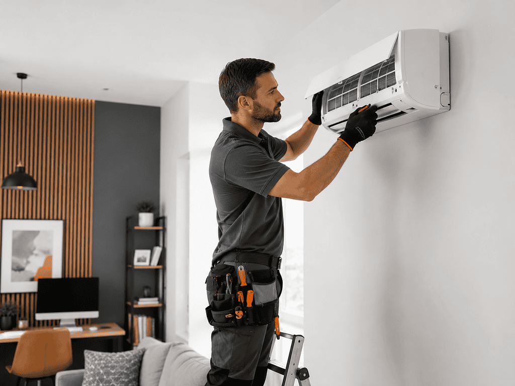 Plumber installing air conditioning unit in Derby home.