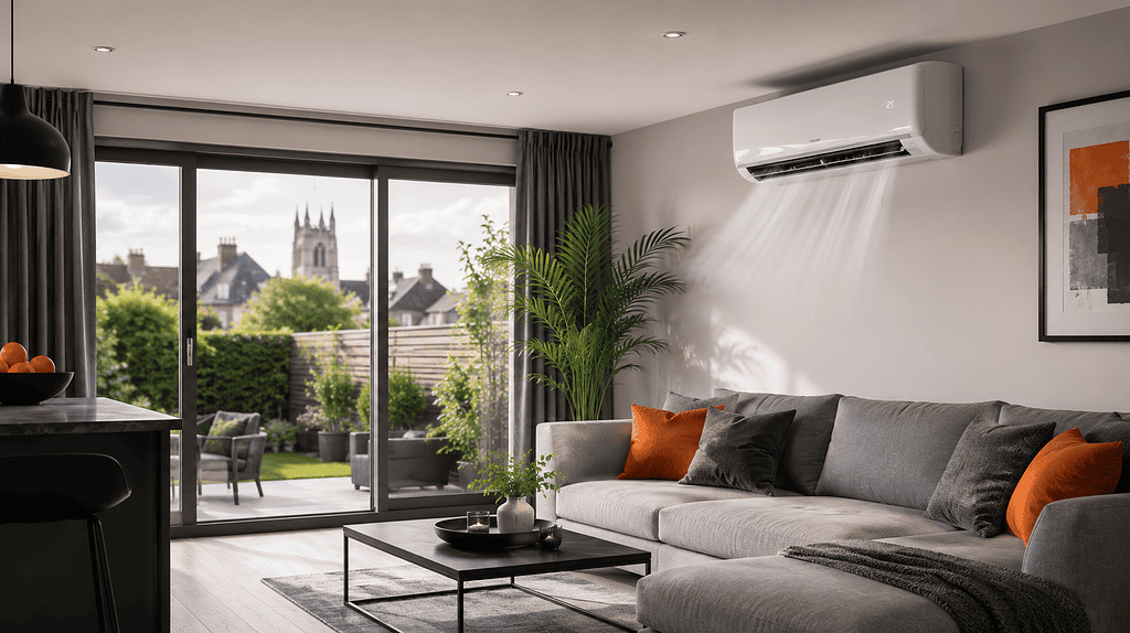 Modern living room with air conditioning unit in Derby home.